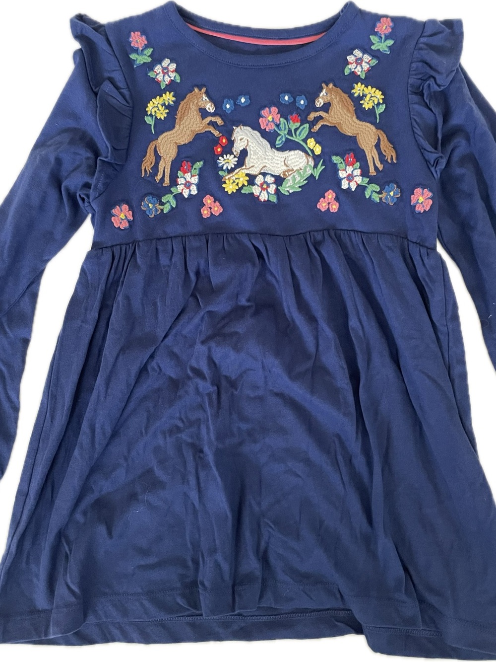 Mini Boden Navy Dress with Colorful Horse & Floral Embroidery